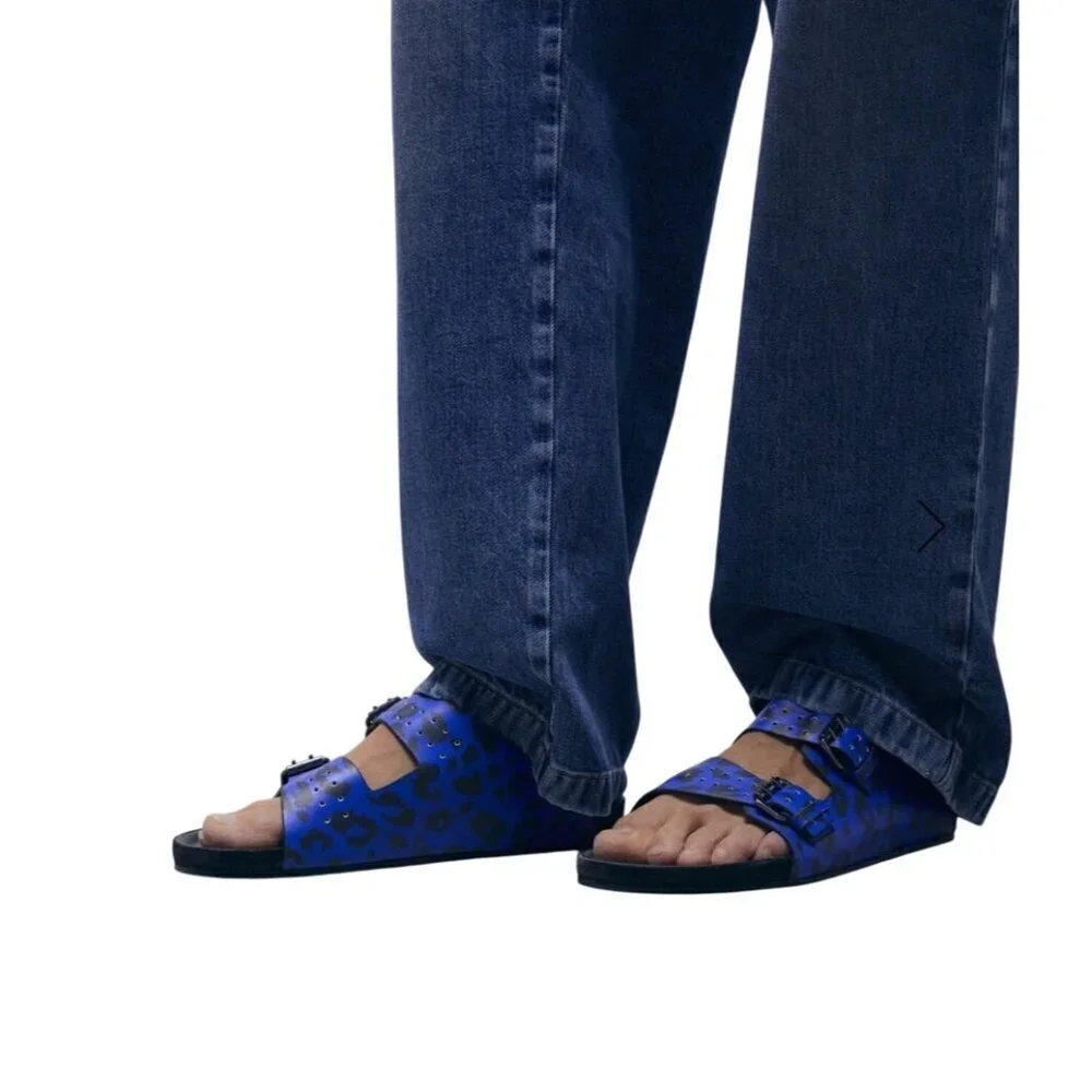 Blue Leopard-Print Leather Sandals With Adjustable Buckles & Stud Details By The
